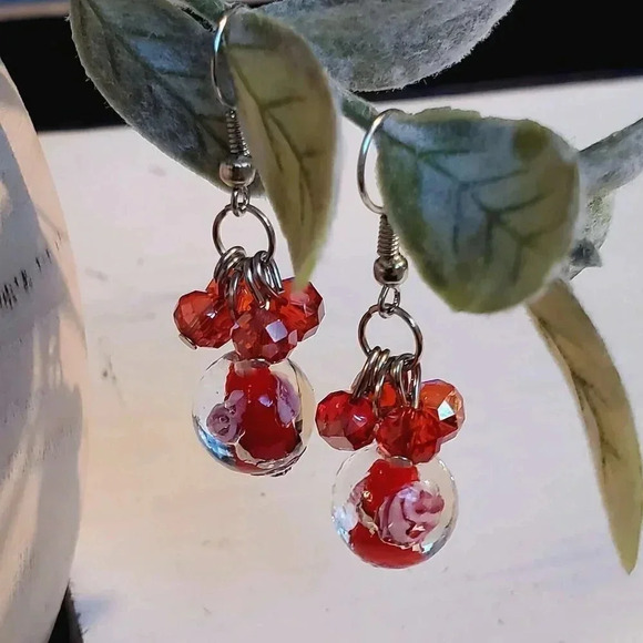 Handcrafted Red Murano Glass Flower Czech Crystal Beads Cluster Earrings - Picture 5 of 6
